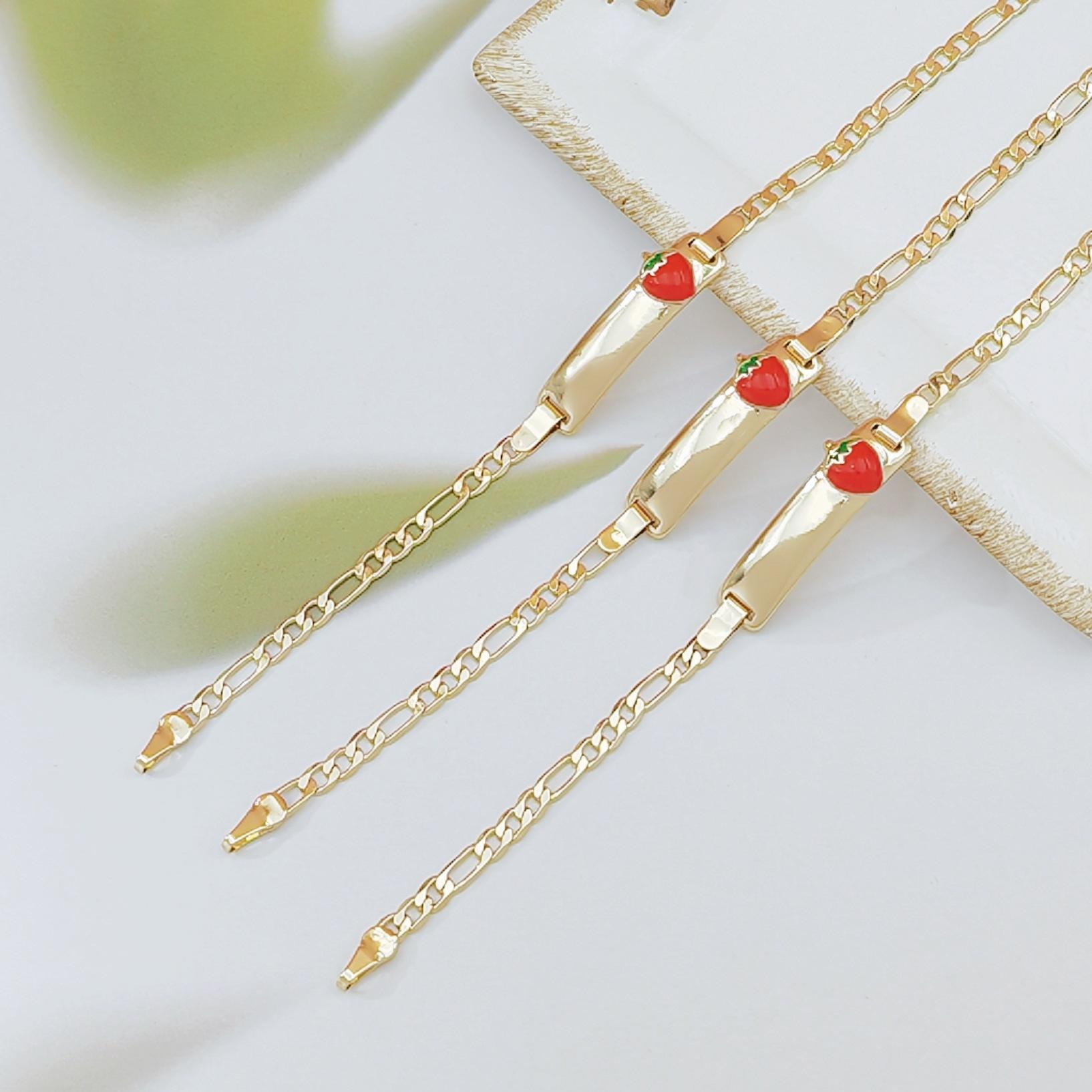 18K Gold Plated Brass Square Tag Bracelet for Women Cute Cartoon Strawberry Enamel Charm Dainty Luxury Jewelry Trendy High-End Aesthetic Accessory for Daily Wear & Gift Giving