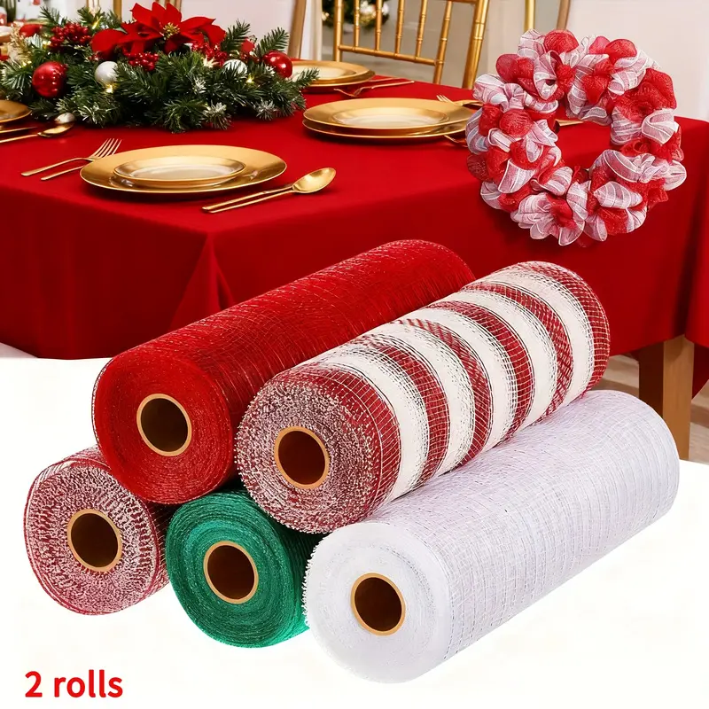 2 rolls of decorative mesh tape roll 10 inches 10 yards (30 feet) metal mesh fabric with foil decorative mesh tape, suitable for garlands, Christmas DIY crafts, Halloween decorations, wedding party supplies.