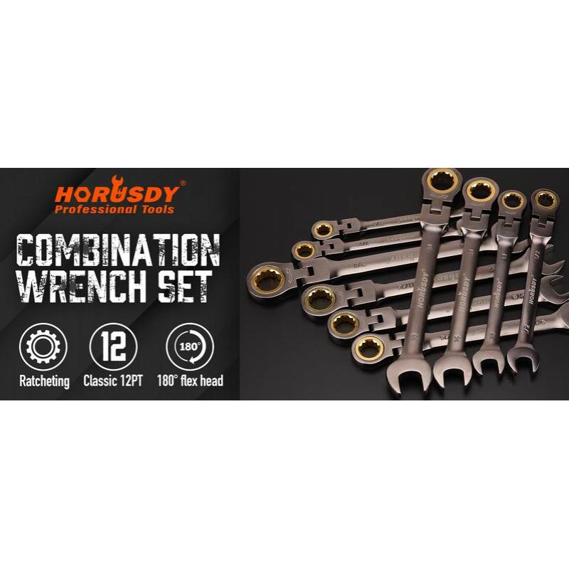 Flex-Head Ratcheting Wrench Set |     Metric and SAE |     Ratchet Combination Wrenches Set with Organizer |     72-Teeth |     Chrome Vanadium Steel Hardware