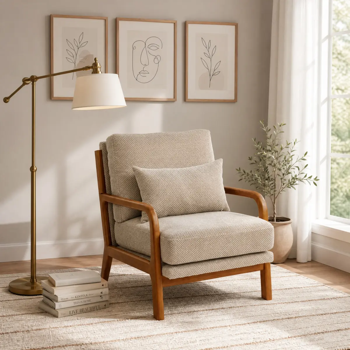 [Bellemave] Mid-Century Modern Solid Wood Armchair, Upholstered Accent Chair with Thick Foam Cushion, 300Lbs Capacity Lounge Reading Chair for Living Room Bedroom Balcony Office