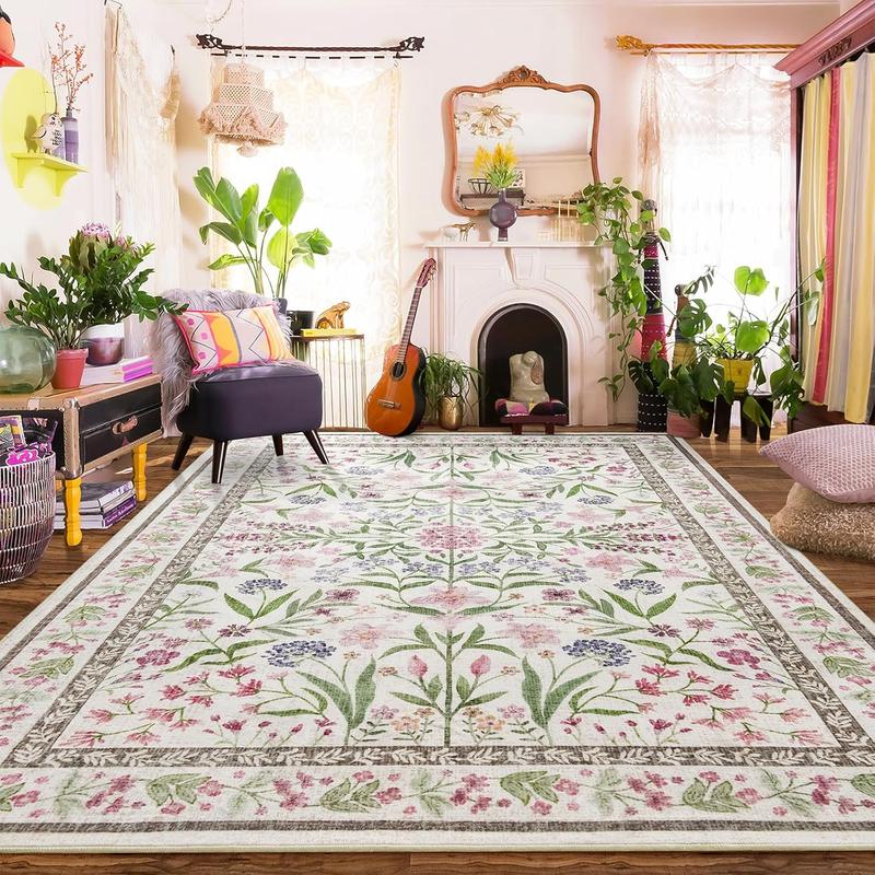 Amearea 8x10 Area Faux Cashmere Rugs for Living Room, Washable Area Rugs 8 x 10 Pink Floral Rug, Vintage Low Pile Cute Room Print Carpet, Non Slip Office Nursery Bedroom Dining Room Farmhouse Decor