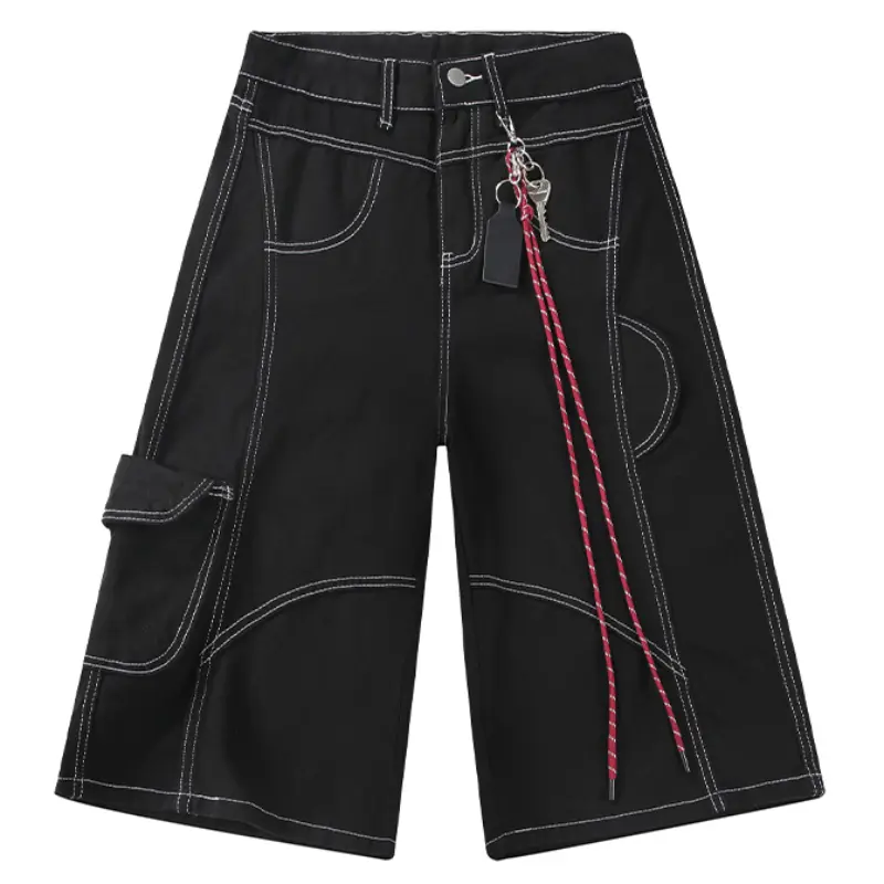 Heavy Stiff Denim Geometric Split Contrast Stitch Seven-point Cargo Denim Capris Side Pocket With Detachable Accessory Standard High Waist Five-pocket Trend Denim Bottoms Matching All Tops For Daily Commute # jean shorts men