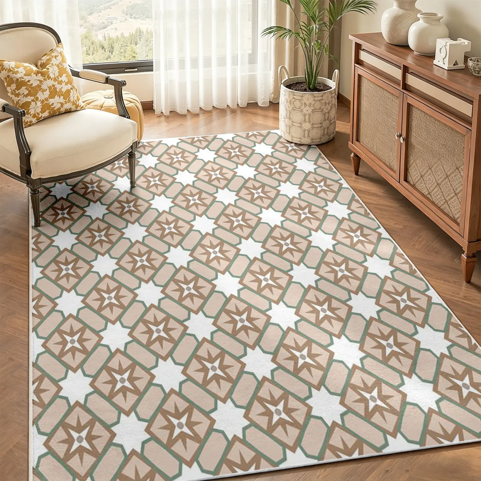 Handcrafted Geometric Rug, Cream Base with Beige Diamond Motif and Detailed Brown Star Pattern, Non-Slip Machine Washable Carpet, Durable Soft Low Pile Mat, Rugs for Living Room Bedroom Room Decor, 8 x 10 ft Area Rugs