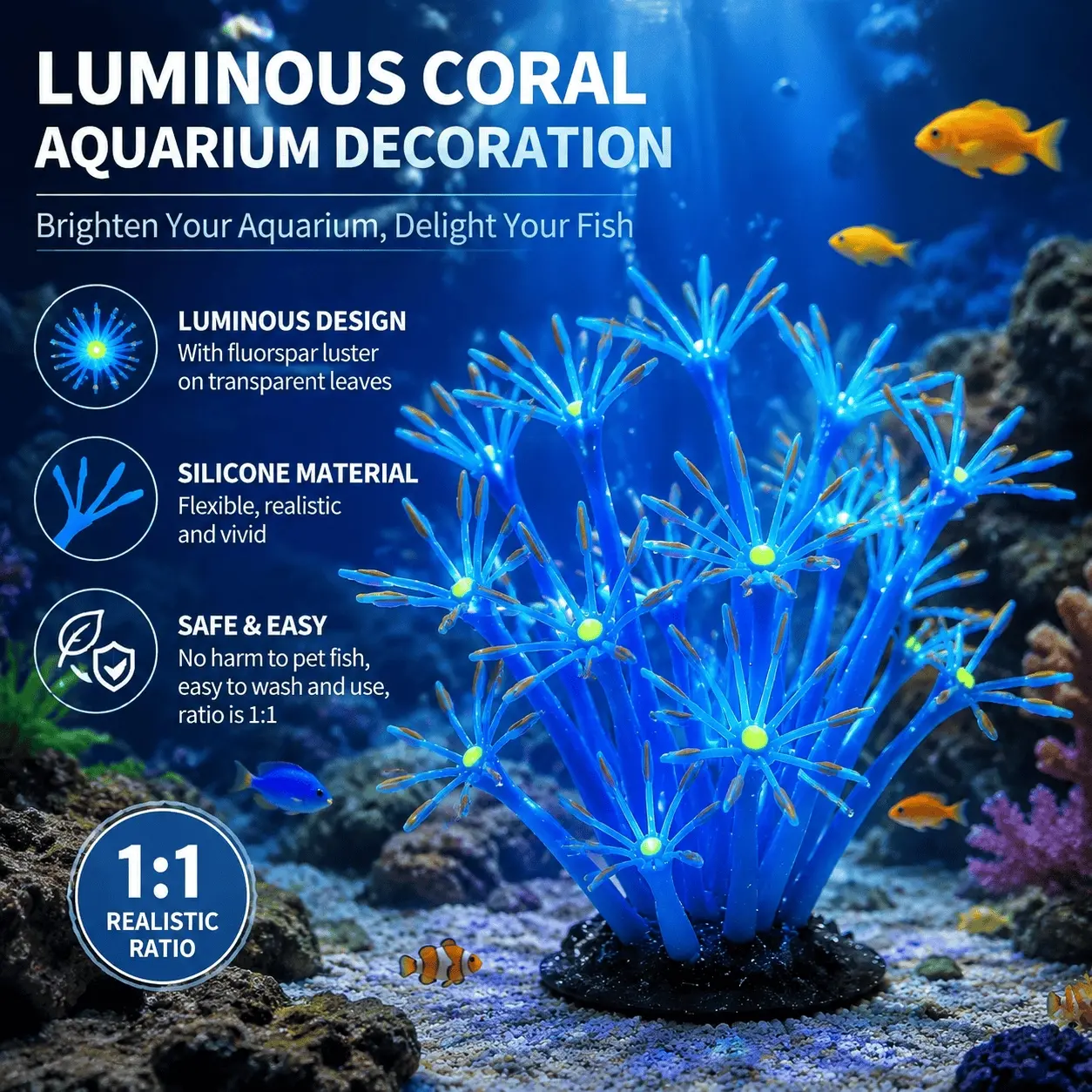 Glow in The Dark Silicone Aquarium Plants: Safe Non-toxic Underwater Fish Tank Decor, Flexible Glowing Underwater Grass for Tropical Fish Tank, Waterproof Algae-free Aquatic Plants with Auto Fluorescence for Dark Environment, Fish Tank Decorations