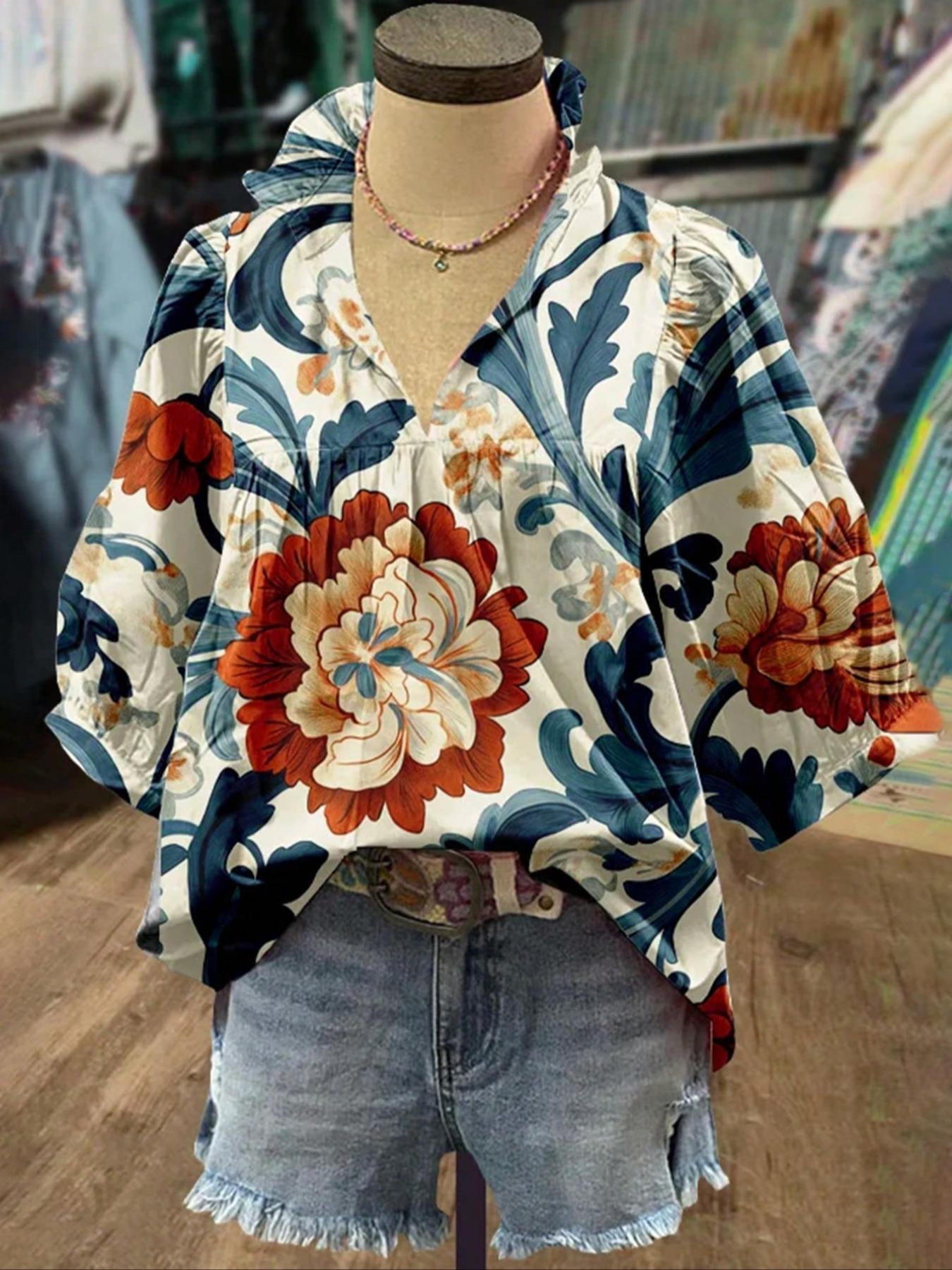 Women's Ruffled Trim Blouse, Casual V Neck Nine-point Sleeve Top for Summer, Women's Clothing for Daily Wear, Boho Floral Print Womenswear, Lady Casual Blouse Shirts, Boho Style Multicolor Shirt