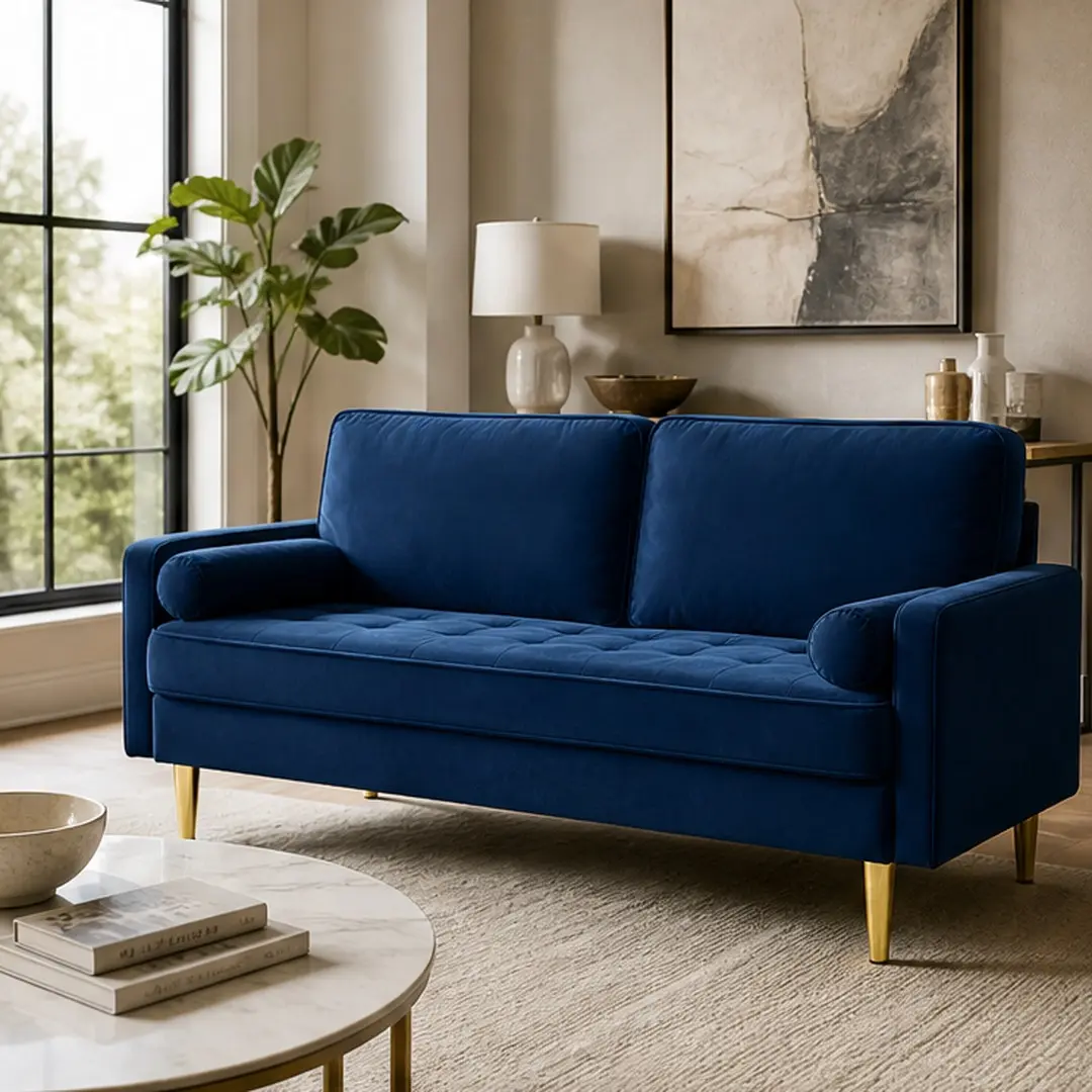 65-Inch Navy Velvet Fabric Loveseat Sofa - 2-Seater Industrial Hassle-Free Assembly Couch with Gold Metal Legs, Plastic Details, High-Density Foam Cushions, Solid Pine Wood Frame, 65.00 lb Weight, 800 lbs Capacity, 27 in Depth for Living Room,Bedroom