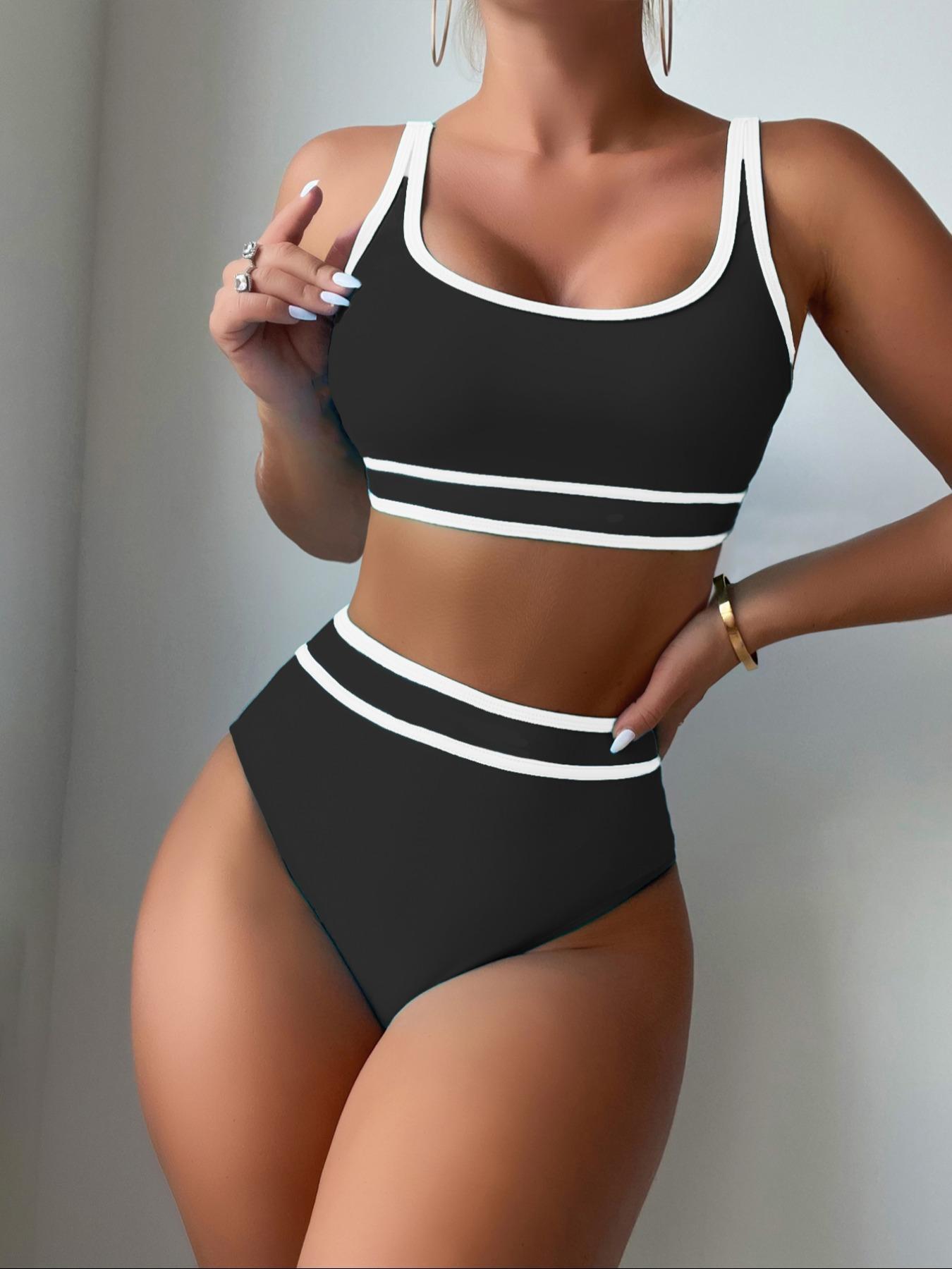Women's Contrast Binding Bikinis Set, Casual Comfy Scoop Neck Swim Bra & High Waist Swim Panty Two Counts Swimsuit for Summer, Fashion Women's Swimwear for Beach Swimming