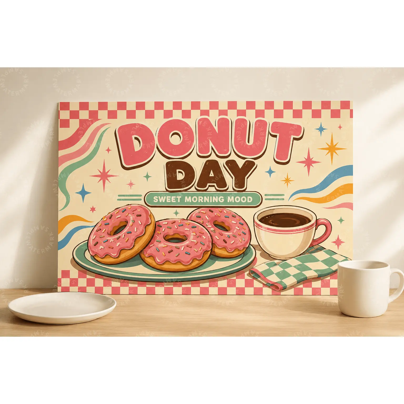 Donut Day Canvas Wall Art, Pink Sprinkle Donut Coffee Poster, Retro Diner Breakfast Aesthetic Poster for Kitchen Decor, Dining Room Wall Art, Bedroom Living Room Decor, Sweet Morning Gift
