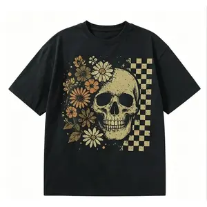 100% Pure Cotton Vintage Boho Skull & Daisy Floral Graphic Tee, Retro Distressed Checkerboard Print Casual Crew Neck T-Shirt, Women’s Everyday Spooky Stylish Short Sleeve Summer Basic Top