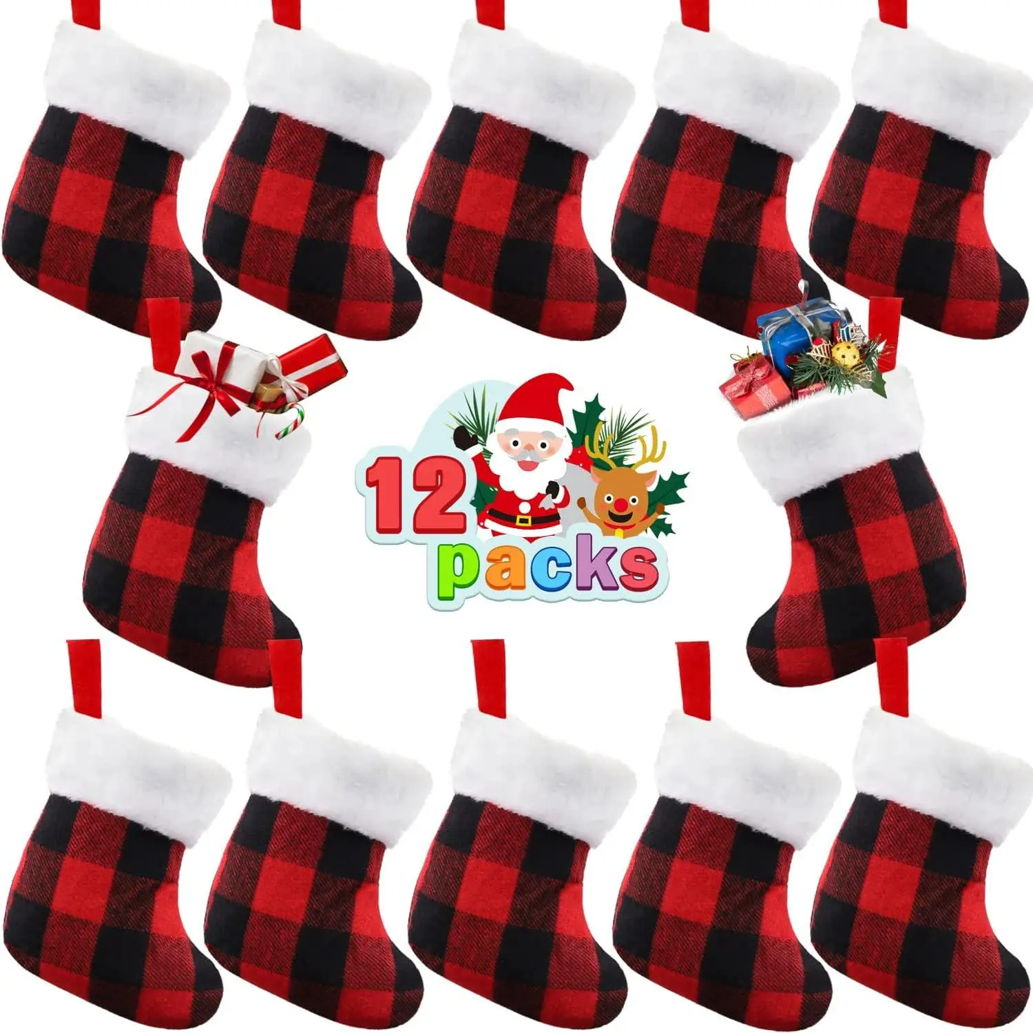 12 count Mini Christmas Stocking 7”Red Buffalo   Stocking | Xmas Double Side Fireplace Stocking with Plush Cuff for Christmas tree decor