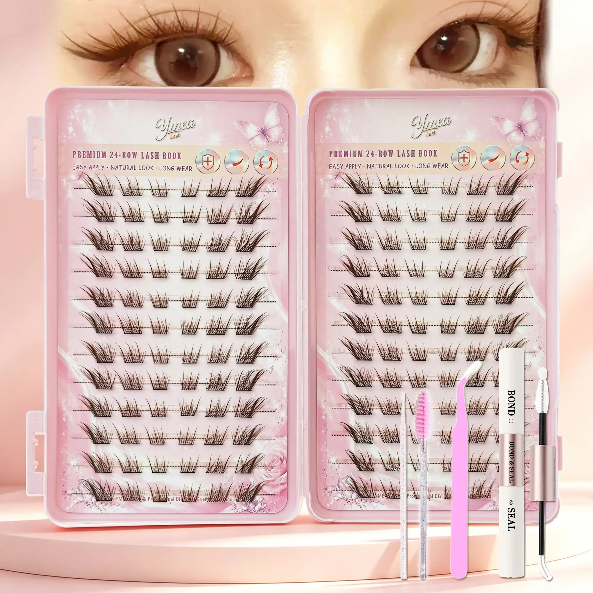 5PCS Brown Cluster Lashes Kit with Lash Glue, Tweezers & Lash Applicator Tools, Natural Wispy DIY Eyelash Extensions for Women, Lightweight False Eyelashes, Easy Apply Eye Makeup Lash Extension Kit for Beginners, Bigger Eyes Natural Look