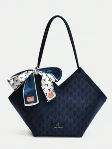 Luxury All-Over Print V-Cut Large Capacity Navy Tote Bag with Free Silk Scarf Gift ( patterns, styles and colors shipped randomly), Women Vintage Shoulder Handbag for Work Travel Daily Commute, Everyday Casual Purse Clutch for Women