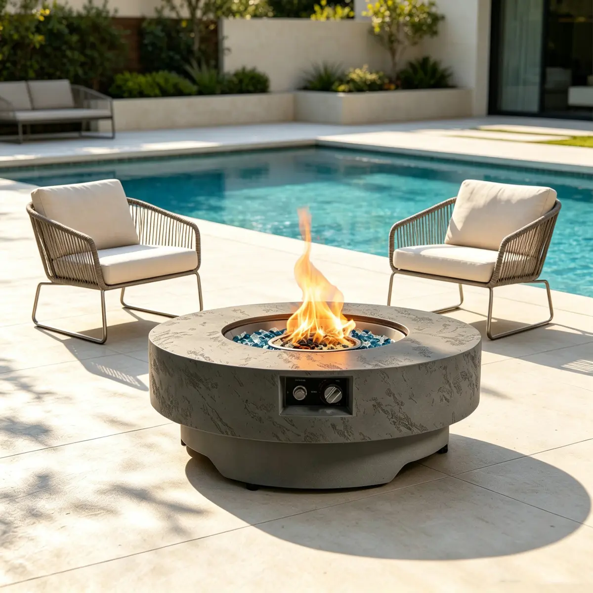 34 Inch Circular Propane Fire Table, 50,000 BTU Outdoor Patio Fire Pit Complete with Round Burner Cover, Decorative Glass Stones and Weather Cover, Two Height Options