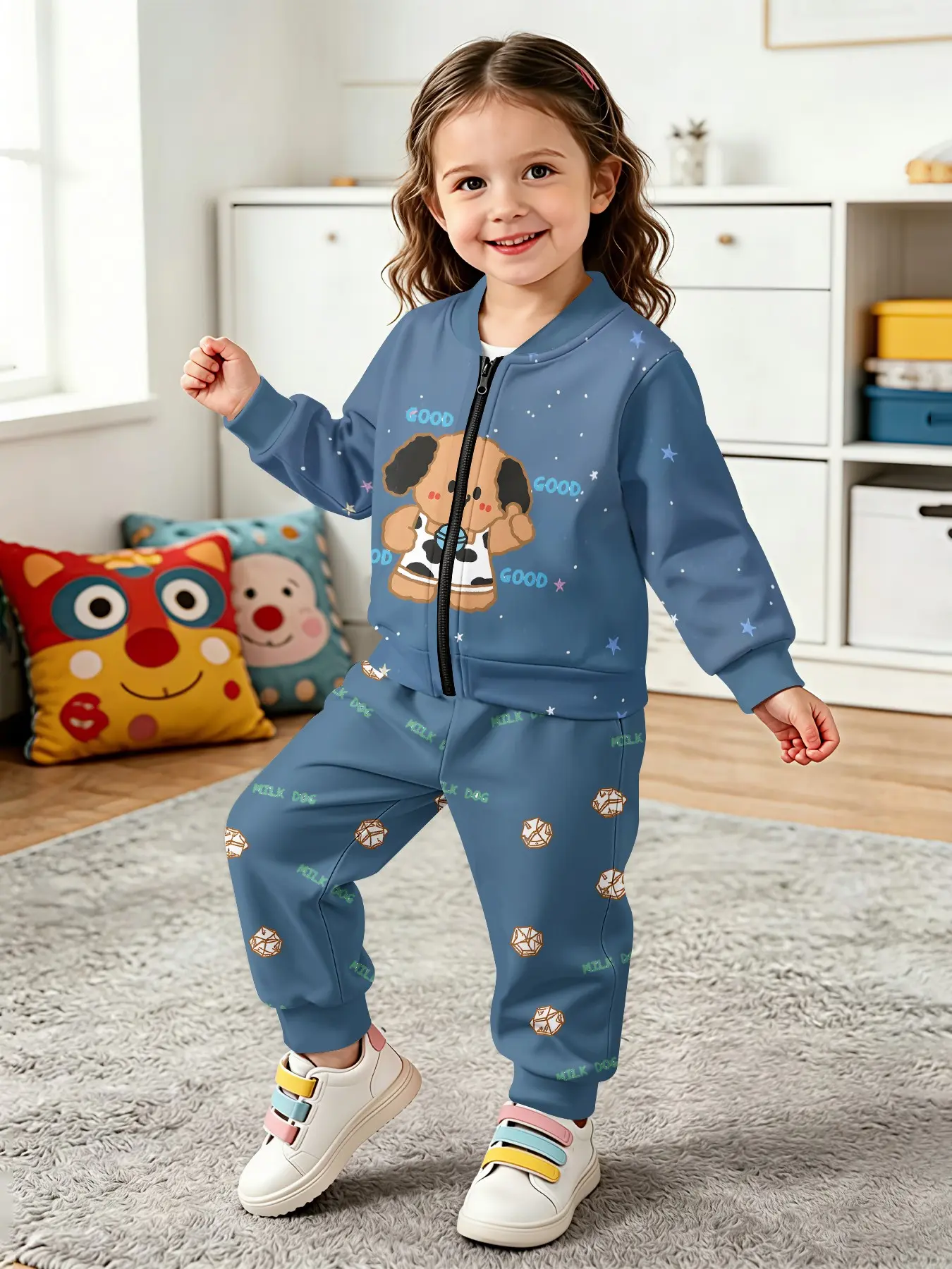 Girls' 2-Piece Set, Zipper Jacket & Pants, Navy Star Cow Puppy Print, Casual Fitted, Spring Fall, Perfect Gift for Kids
