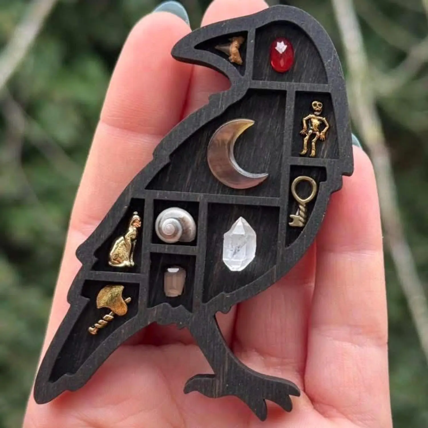 Crow Mini Curio Shelf, Gothic Raven Wall Display Shelf for Crystals, Mini Collectibles, Trinkets, Moss, Stones and Tiny Decor, Handmade Wooden Shadow Box, Shelf Only, Decorative Items Not Included