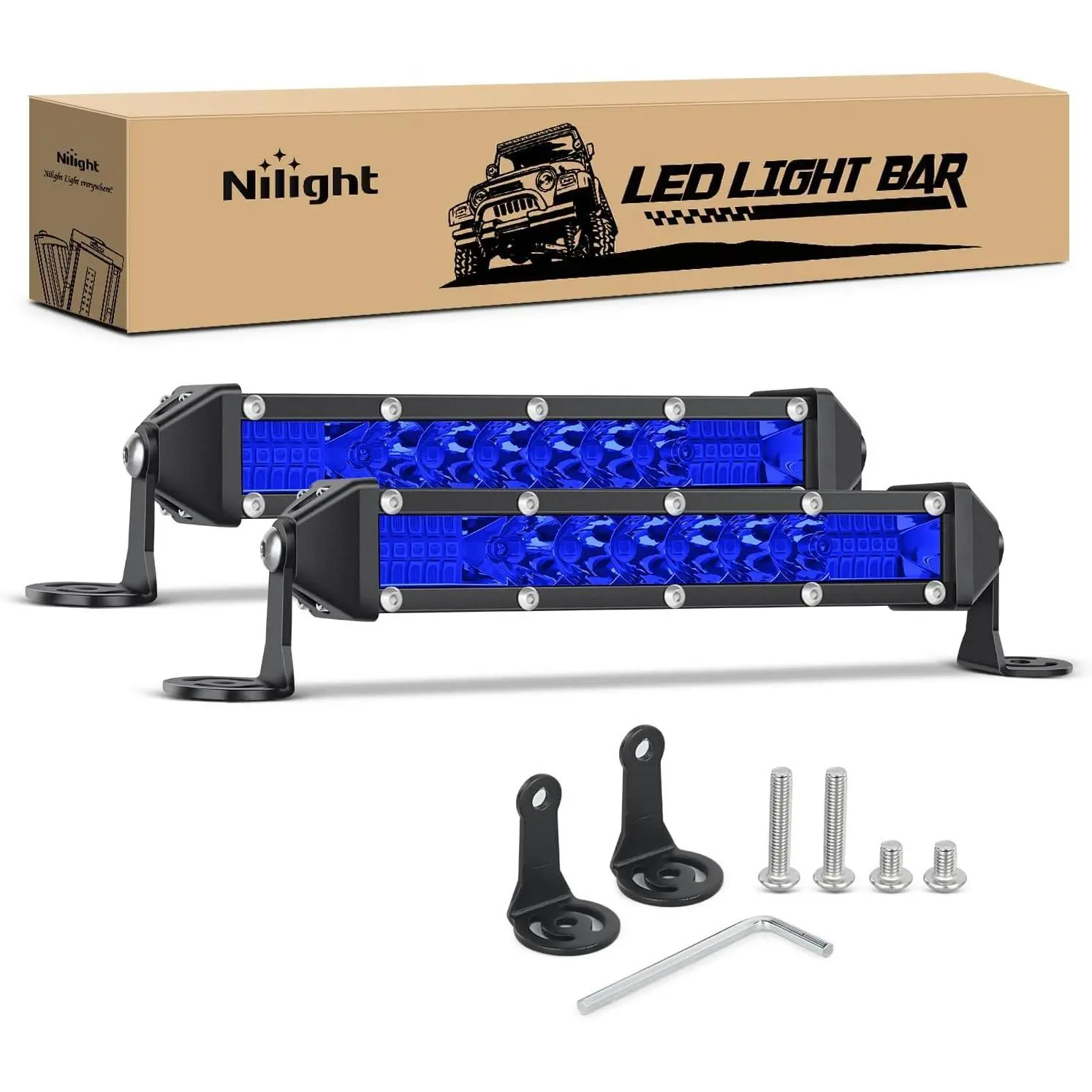 Nilight Slim Aluminum Alloy LED Light Bar, 2Pcs 7In 16LED Single Row Spot&Flood Combo Blue Offroad Lights, IP67 Rated 12V-24V for ATV/UTV/Pickup Truck Tractor Boat Driving Fog Emergency Safety Lighting