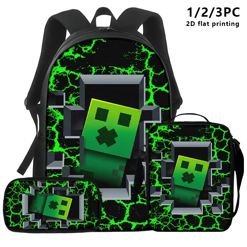 Backpacks in 1pc, 2pcs, And 3pcs Sets, Along with Shoulder Bags And Storage Pouches, Feature a 2D Flat Print Design Inspired by The Green Creeper from ''. The Black Background Is Accented with Fluorescent Green Crackle Decorations