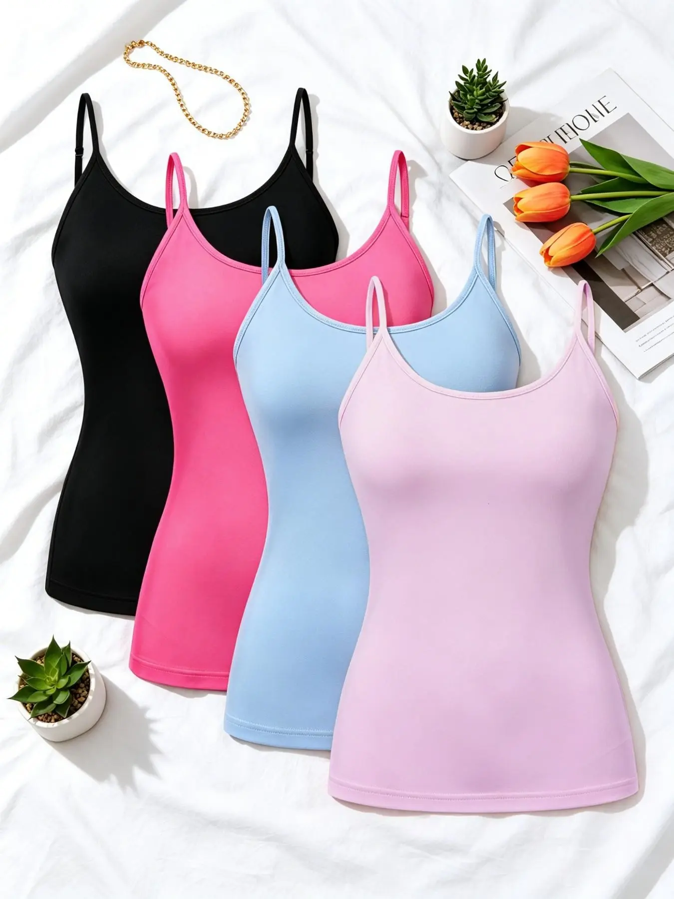 Plus Size Casual Summer Multicolor Basic Everyday Lightweight Thin Strap Tank Top, Slimming Fit Elastic Breathable Inner Wear Outerwear, Women's Undergarment Set of Four