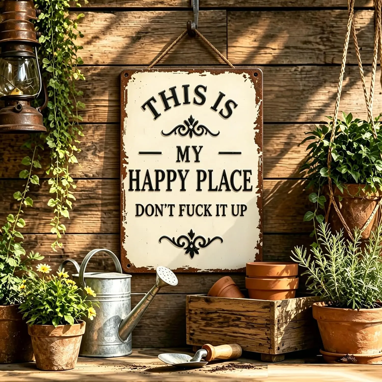 Vintage Funny Metal Wall Sign – “This Is My Happy Place Don’t F*ck It Up” Rustic Farmhouse Decor, Distre8X12ingssed Retro Tin Sign for Home, Patio, Bar, Man Cave, Office Gift