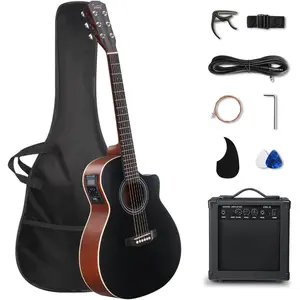 GLARRY 36in Acoustic Electric Guitar Beginner Kit with 15W Amp, 5-band EQ Dreadnought Design 6 Strings Electric Acoustic Guitar with Bag, Strap, Picks, Strings, Wrench (Black)