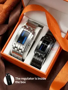 Couple Cool Binary Stainless Steel LED Watch, Bracelet Watch Fashion Blue Light Sports Watch, Vacuum Plated