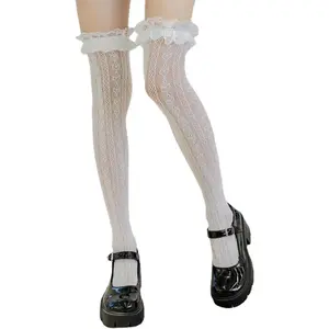 Thigh High Stockings with Bow, Santa Accessory Y2K Fishnet Socks with Lace Brim Lingerie Tights  Women