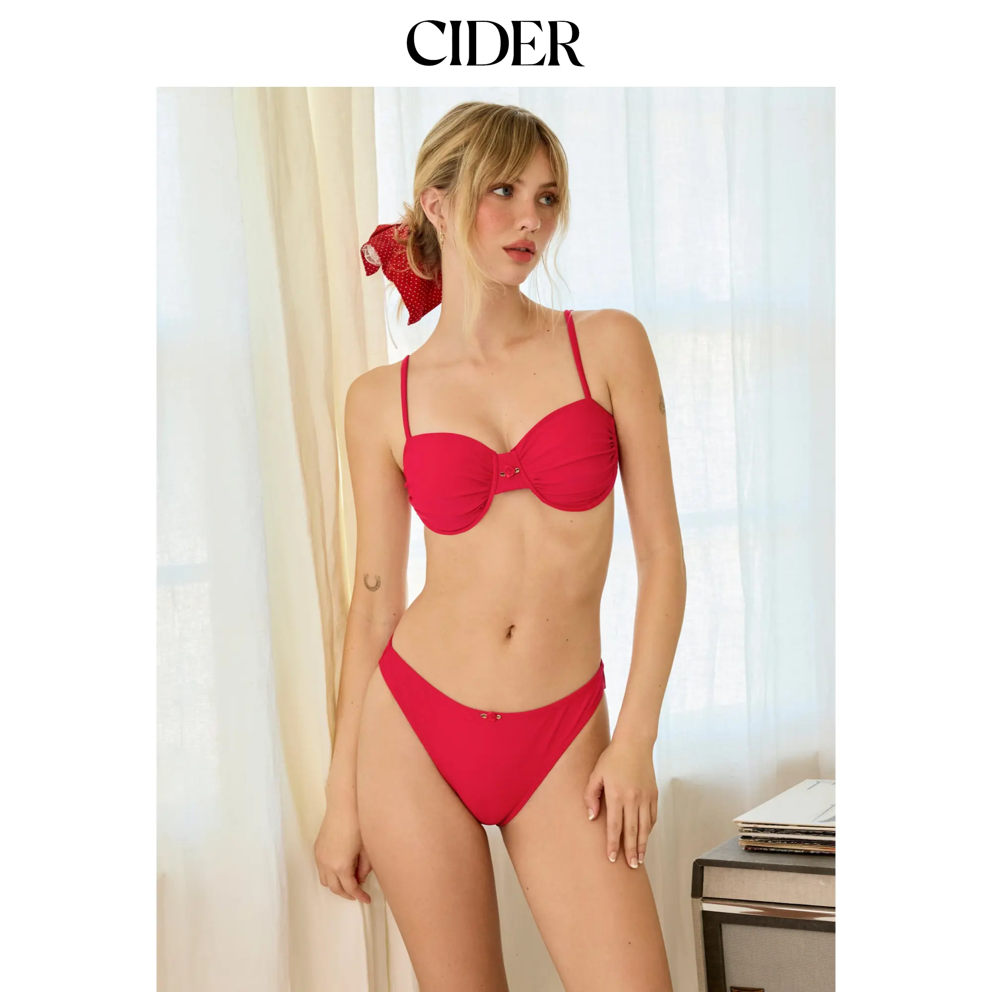 Cider Women's Underwired Ruched Tie-Front Bikini Set, Bikini Style Swimwear for Beach & Surf Activities, Bikini Sets, Beach Surfing