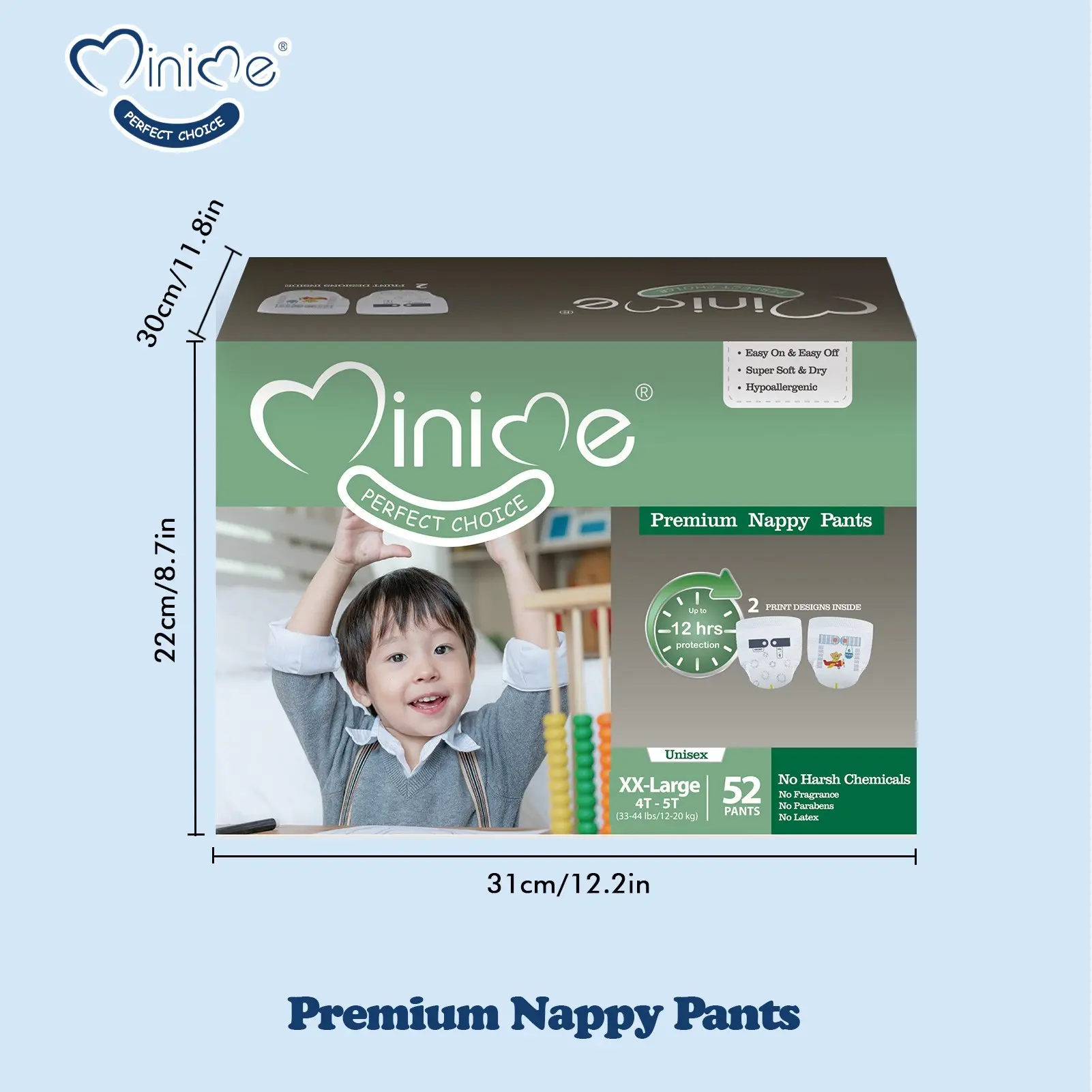 Minime Premium Baby Pull-Up Diapers Value Pack, 12M to 5T, 52-72 Count, Stretch Waistband, Easy Tear Sides, Wetness Indicator and Breathable Top Sheet