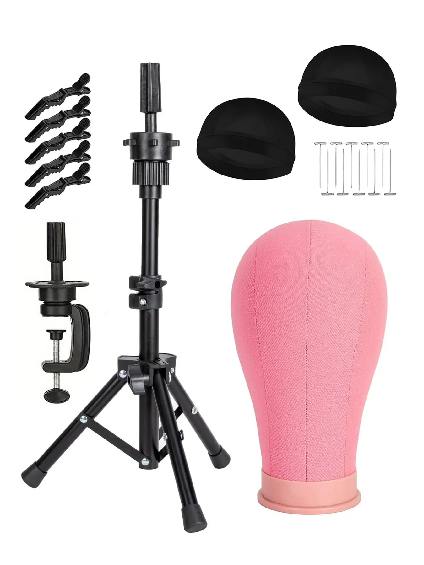 Wig stand with head, Canvas mannequin head for making display wigs, Canvas block head with wig cap, Canvas head set with T-pins Hairstyling practice display Personal Use Easy Setup Versatile Use