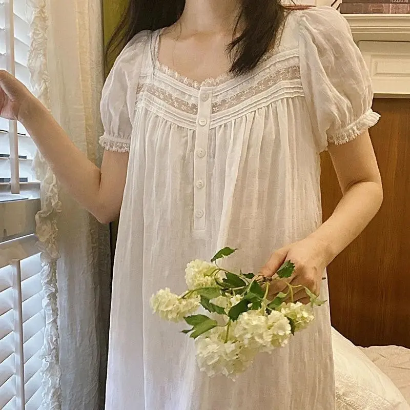 Pure Cotton Victorian Night Dress Women White Short Sleeve Long Robe  Romantic Vintage Nightgowns Princess Sleepwear