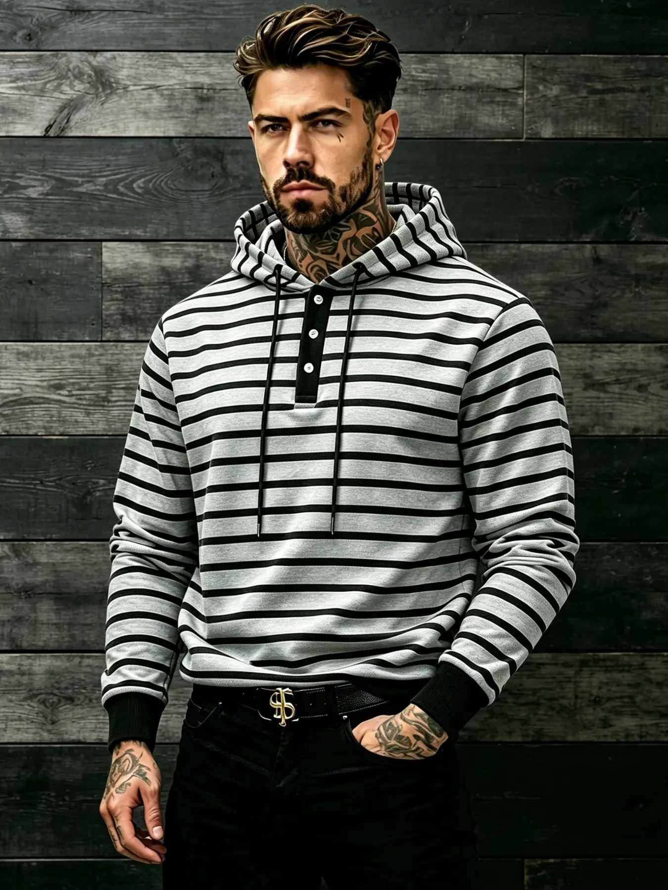 Men's Retro Striped Henley Hoodie, 3 Buttons Half Placket Drawstring Hooded Long Sleeve Pullover, Loose Stretch Casual Striped Sweatshirt, Daily Street Versatile Basic Top, Multiple Colors Plus Sizes S-3XL