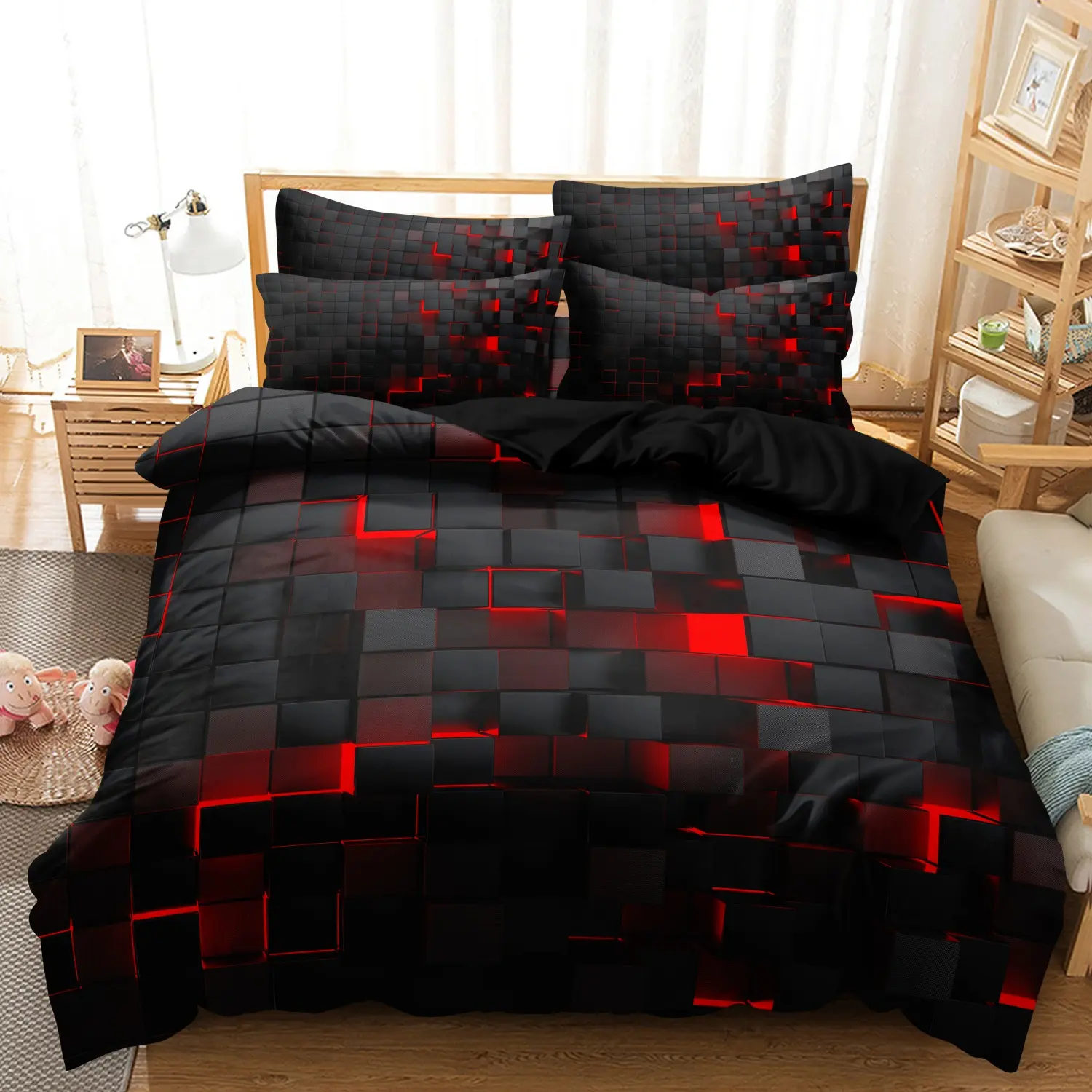  3 Pieces Dark Geometric Grid Bedding Duvet Cover Set, Black Red Square Block Plaid Print Bedding, Gaming Futuristic Home Textile For Bedroom Decor (1 Duvet Cover + 2 Pillowcases, No Comforter No Pillow)