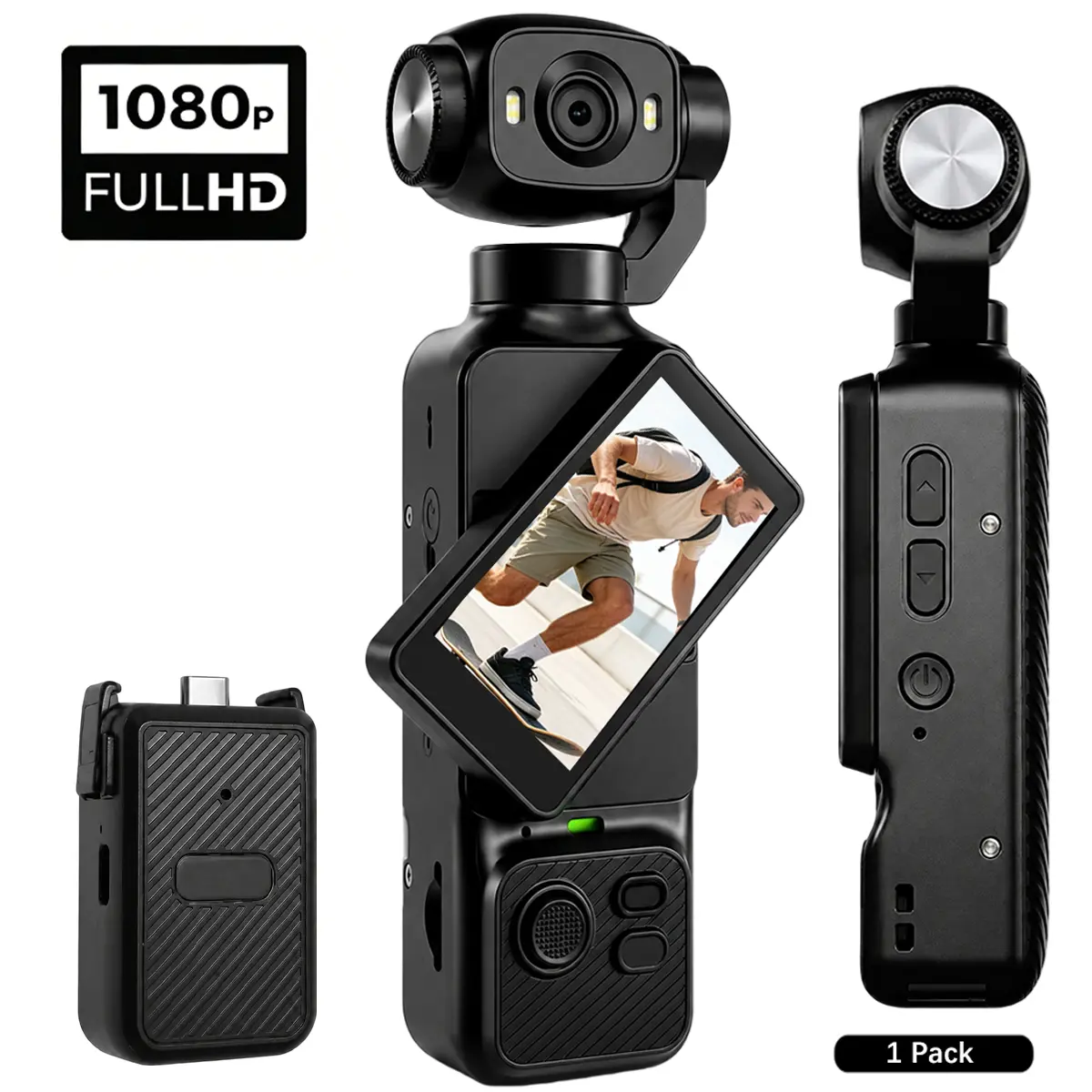 All-in-One Pocket Vlog Camera, 1080P HD Handheld Video Camera with Battery Grip, Flip Screen, Wide Angle Lens, WiFi Transfer, LED Fill Light and Up To 6H Shooting Time for Content Creation