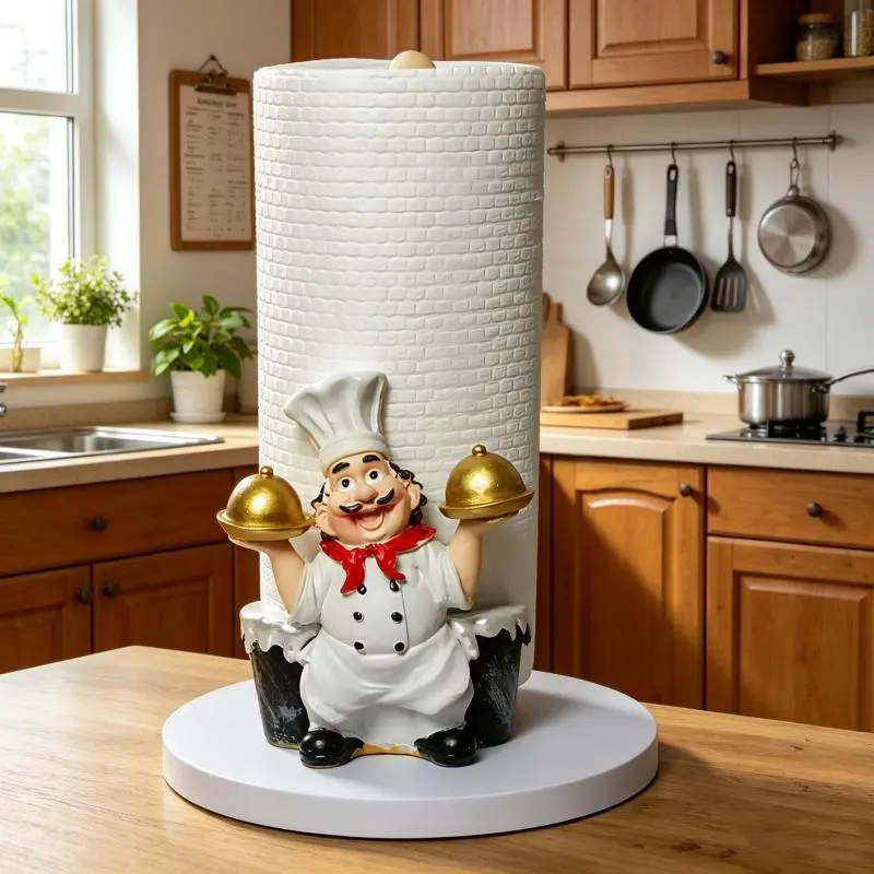 Cute Sitting Chef Statue Paper Towel Holder with Dual Golden Serving Trays, Resin Countertop Vertical Paper Roll Organizer, Decor Kitchen Accessory for Farmhouse Dining Room Home Decor