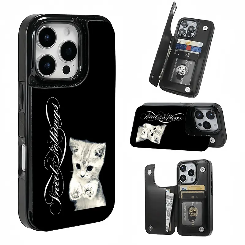 Black and White Calligraphy Cute Kitten TPU Shell Card Holder Phone Case for iPhone 13-17 Series Accessories, with Slots for Bank/Transit Cards, Ideal Girls' Gift, Card Slots
