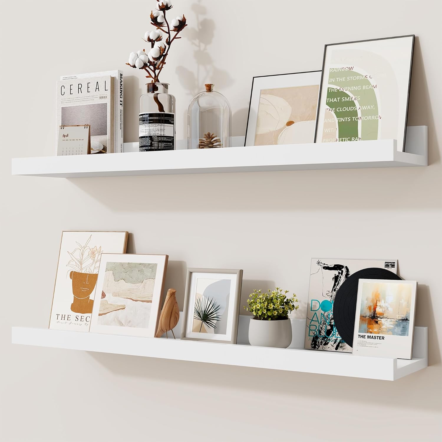 Picture Ledge Shelf,24 inch Long Floating Shelves for Wall Set of 2,White Picture Shelf with Lip for Wall Decor,Living Room,Bedroom,Bookshelf,Nursery,Perfu