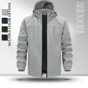 Men Water Resistant Hooded Windbreaker Jacket, Adjustable Drawstring Hood Full Zip Rain Shell Coat, Elastic Cuffs Side Zipper Pockets Lightweight Outerwear for Hiking Camping Daily Commute, Multiple Solid Color Options