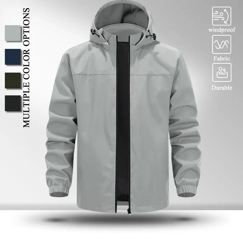 Men Water Resistant Hooded Windbreaker Jacket, Adjustable Drawstring Hood Full Zip Rain Shell Coat, Elastic Cuffs Side Zipper Pockets Lightweight Outerwear for Hiking Camping Daily Commute, Multiple Solid Color Options