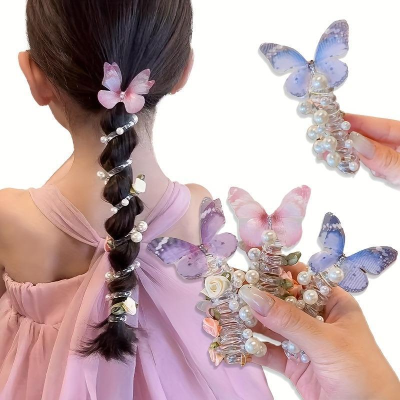 This set of three exquisite mesh butterfly-shaped telephone cord hair ties is perfect for girls.  Featuring a cute beaded flower design, these sweet hair accessories are suitable for everyday wear and parties.