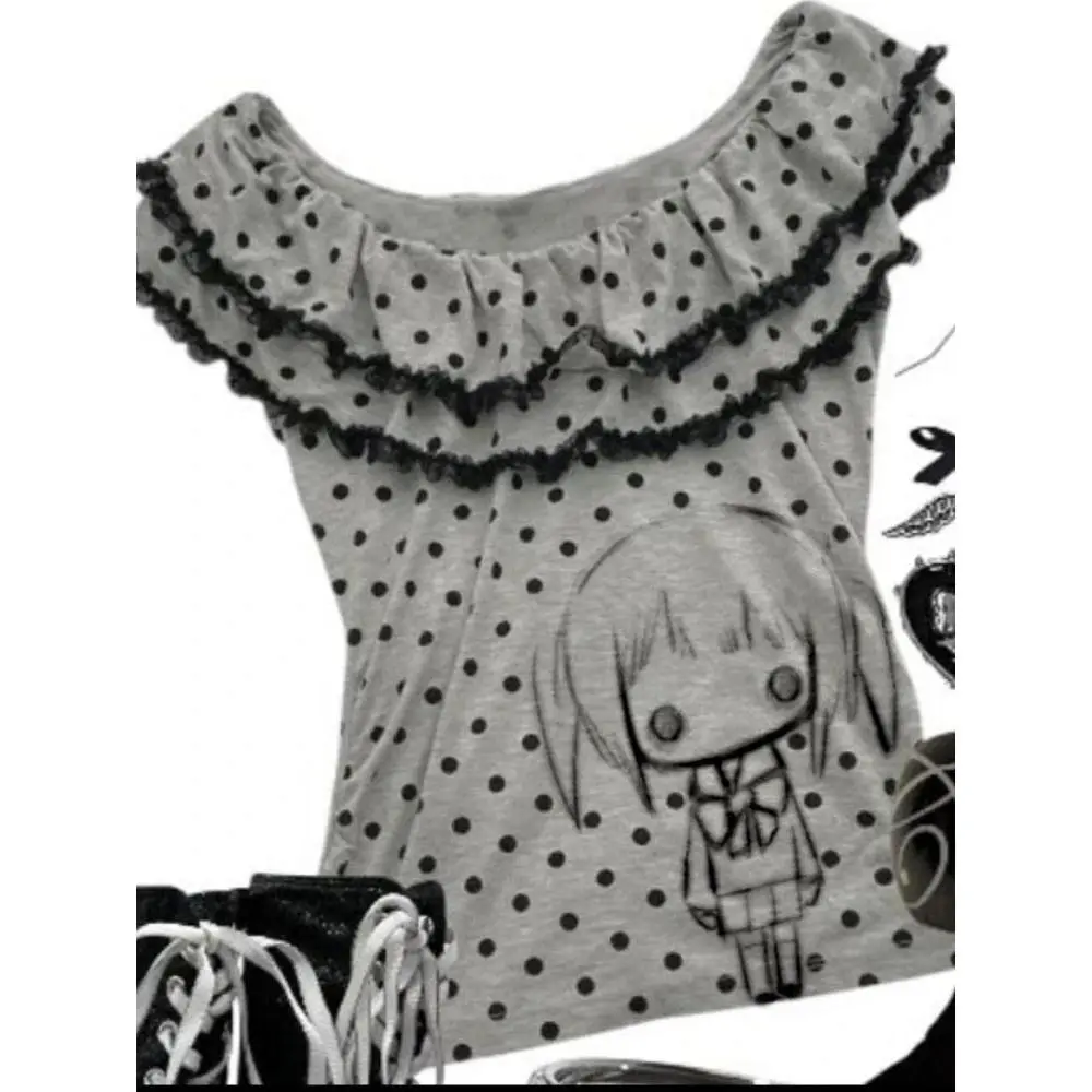 Deeptown Y2k Kawaii Gray Anime Juminocore Women T-Shirt Harajuku Ruffles Polka Dot Sleeveless Japanese Style Lolita Tees Slim