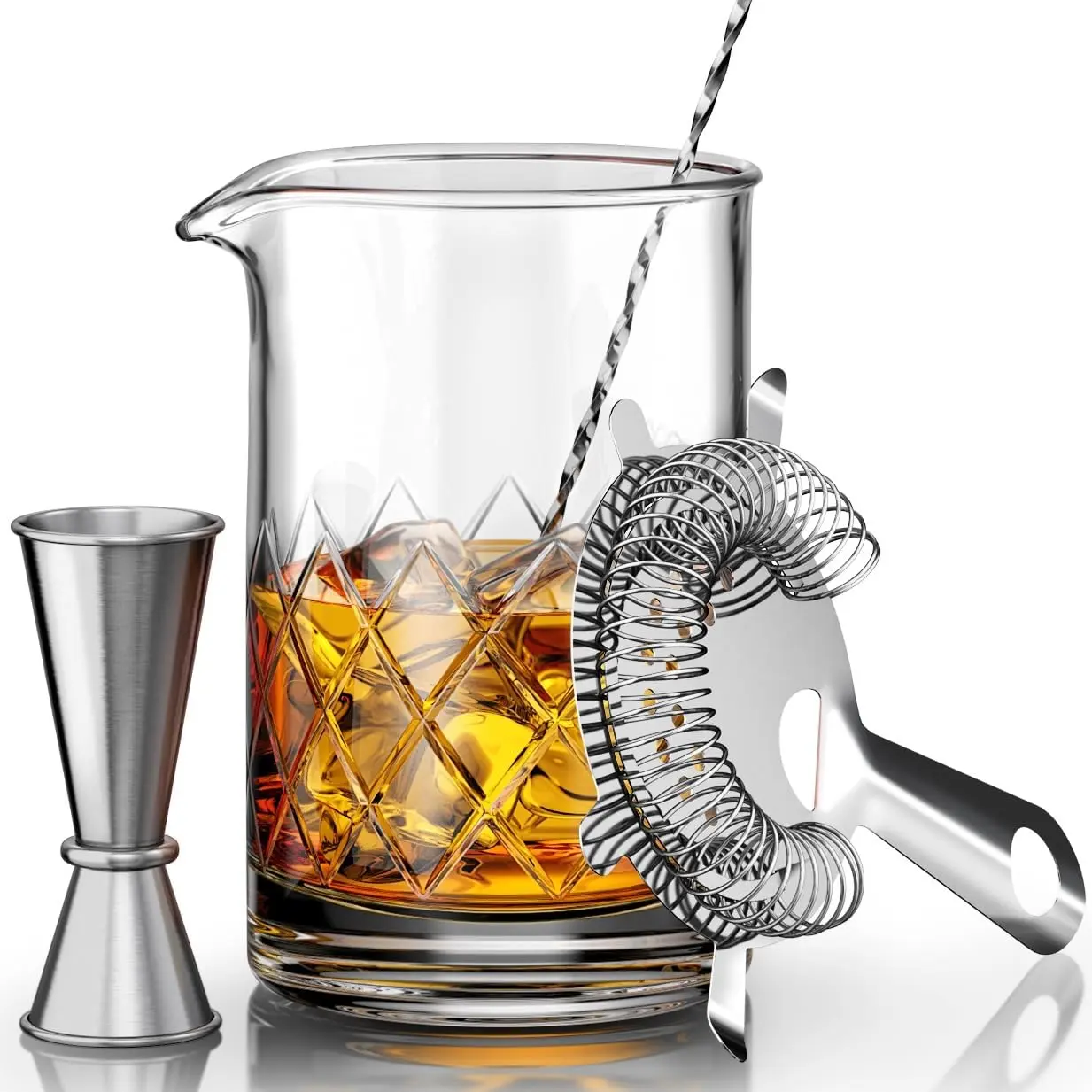 .    Mixing Glass Set - Professional Bartender Tools/Bar Accessories - Thick Bottom Pitcher/Beaker,Jigger, Muddler, Spoon-4  (24 Oz) Ideal