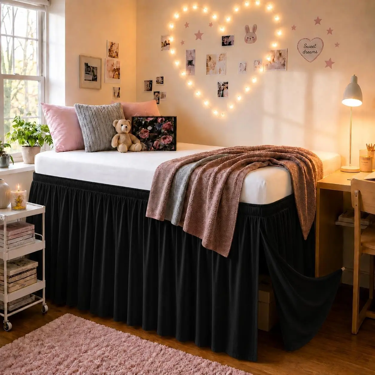 Twin XL Dorm Bed Skirt - 36 Inch Drop with Split Corner, Easy Install Wrap Around Elastic Dust Ruffle, Black Silky Solid Fabric Machine Washable, Bedroom Decor