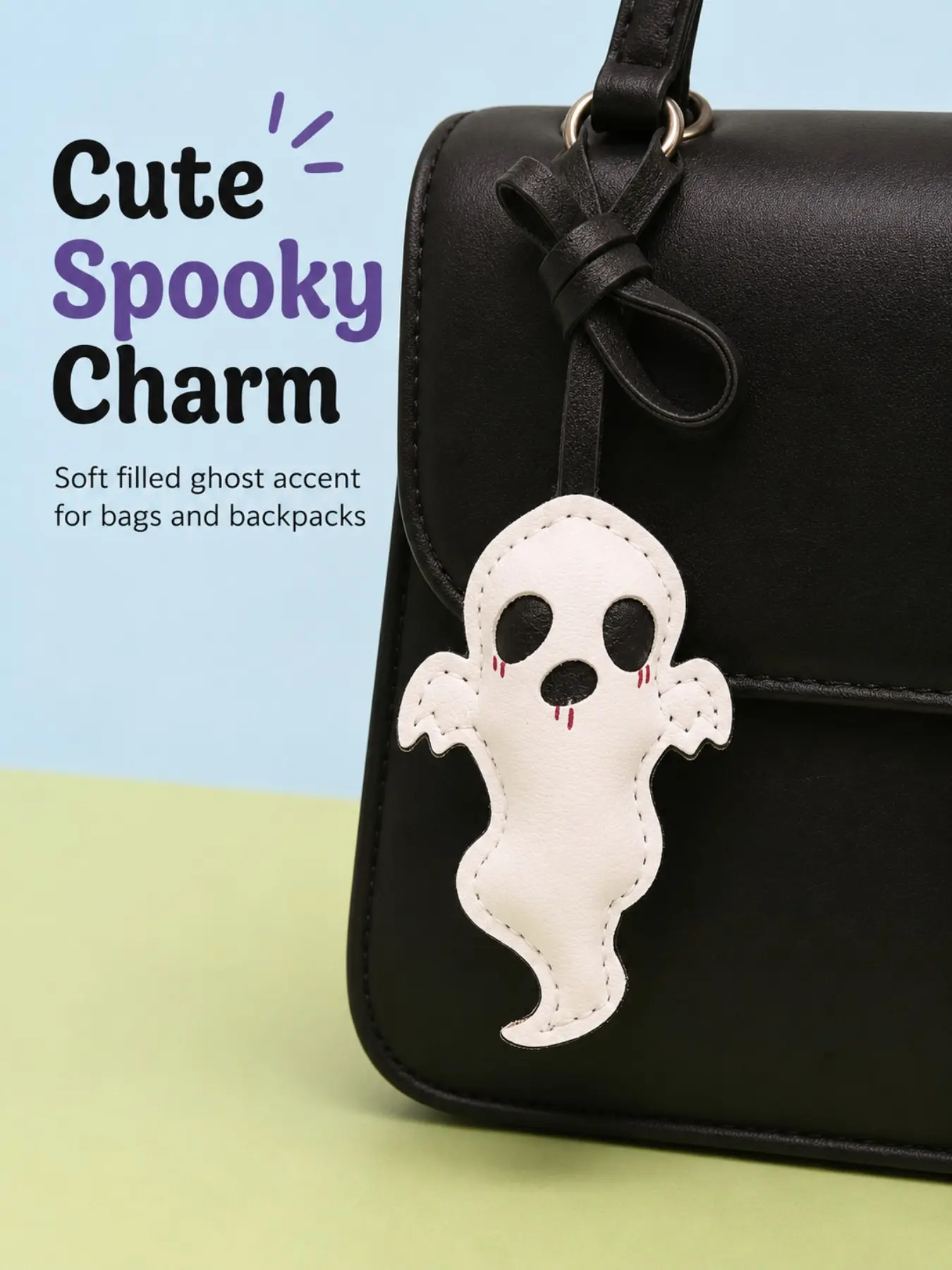 Cute PU Leather Ghost Bag Charm Pendant with Black Ribbon Bow, Tie-On Bag Chain, Pastel Goth Spooky Cute Halloween Bag Accessory, Kawaii Ghost Gift for Women, Fits Backpacks & Handbags Daily Decoration, Bag Accessories Charms
