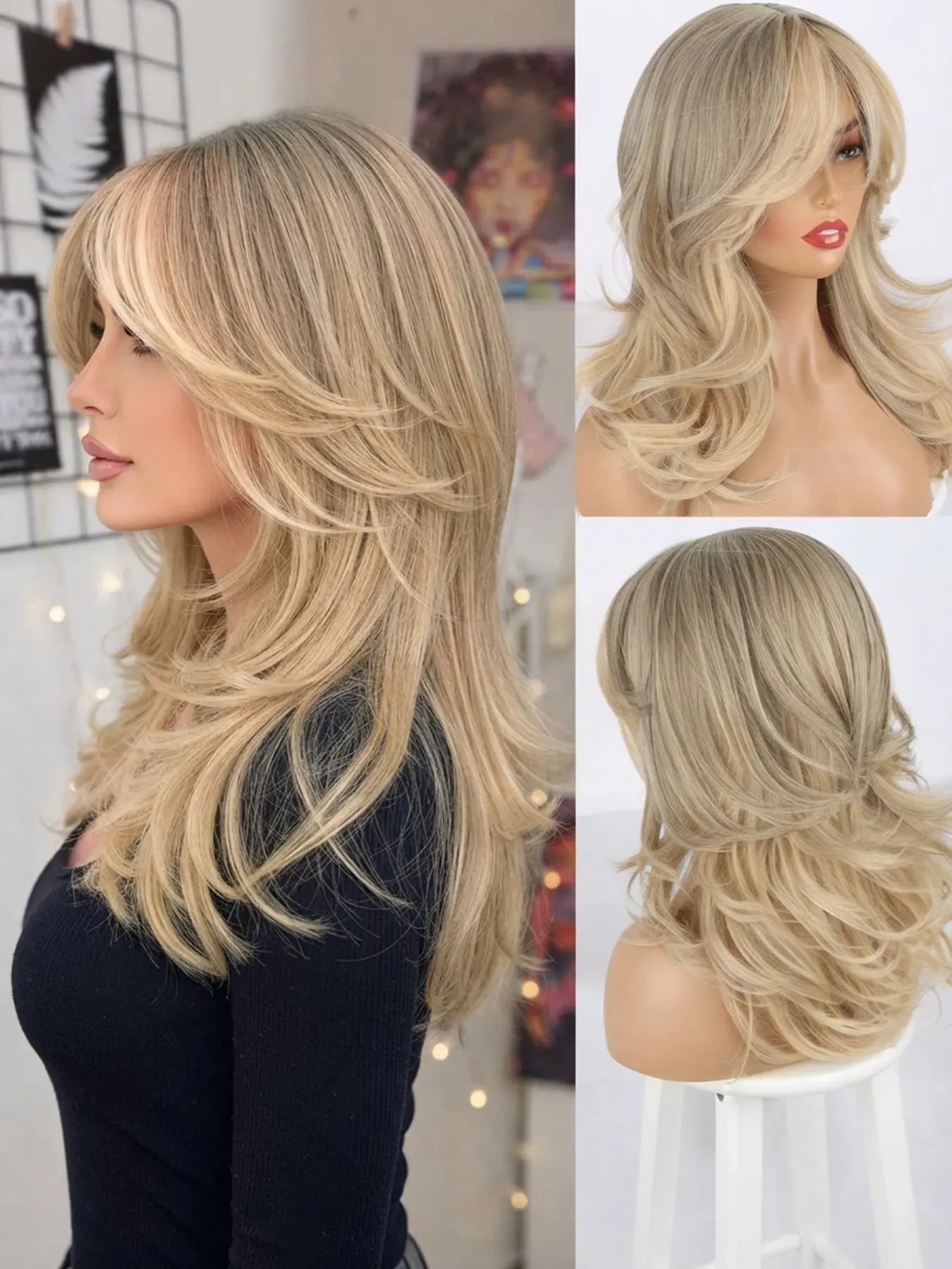 Ombre Ash Blonde Body Wave Wig with Bangs, Short 18" Natural Wavy Synthetic Wig, Glueless Big Curls, Heat Resistant, Tangle Free, Heat Resistant Wigs