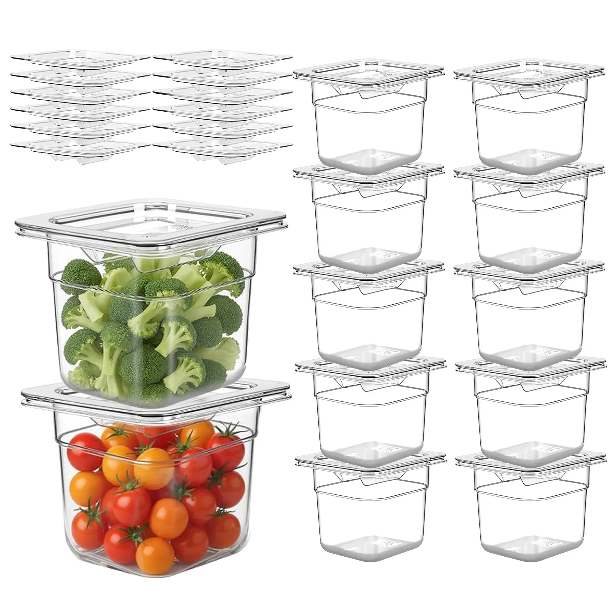 12 Pcs 1/6 Size Food Storage Containers with Lids, Stackable Clear Polycarbonate Restaurant Pans, 6" Deep Commercial Hotel Plastic Food Tray for Home Fridge, Kitchen & Catering