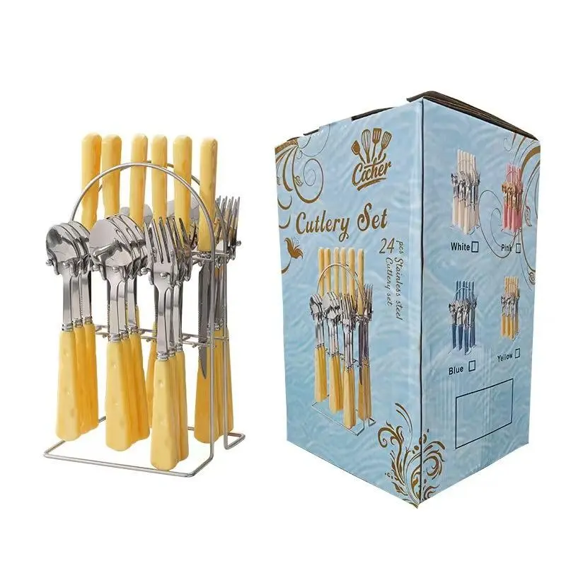 24-Piece Stainless Steel Cutlery Set, Cute Cheese Knife Fork and Spoon with Plastic Handle, Western Dining Utensils with Rack, Durable Tableware