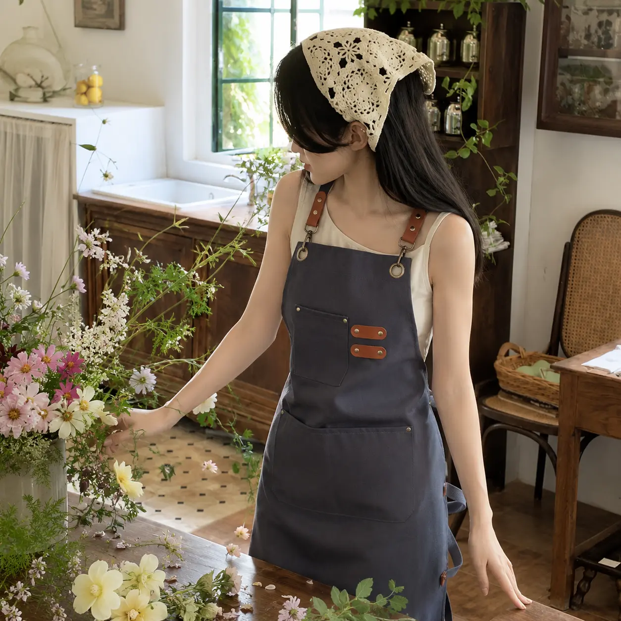 Heavy Duty Canvas Work Apron with Large Pockets, Cross Back Adjustable Apron for Gardener, Florist, Barista, Artist, Workshop & Kitchen