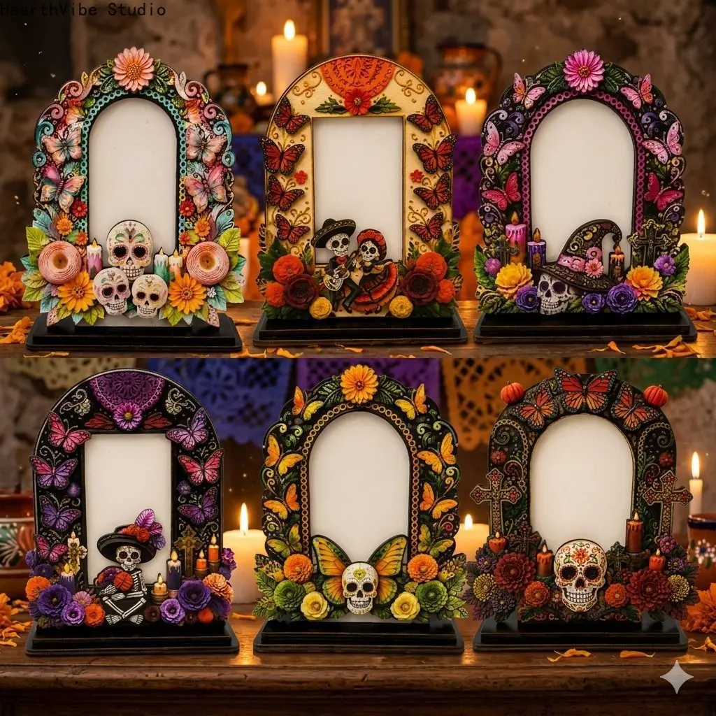 Día de los Muertos Wooden Picture Frame - Wood Frame, Mexican Ofrenda Altar Tabletop Decor with Multiple Designs, Memorial Day Photo Display, Home Party Supplies