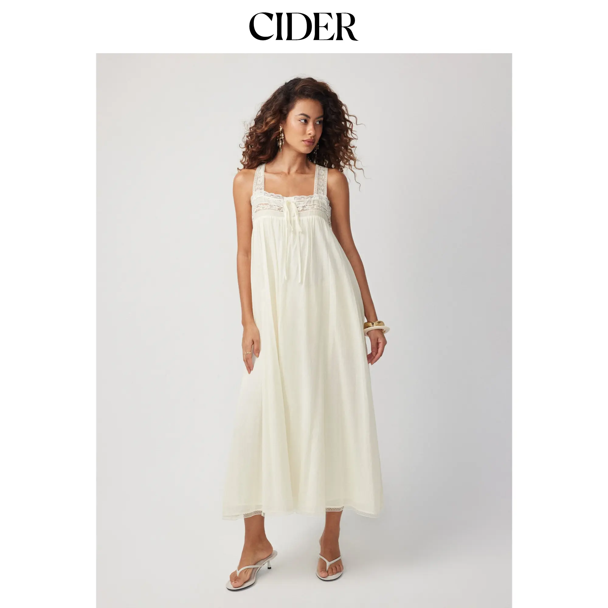 Cider Cotton Square Neck Lace Trim Bowknot Maxi Dress