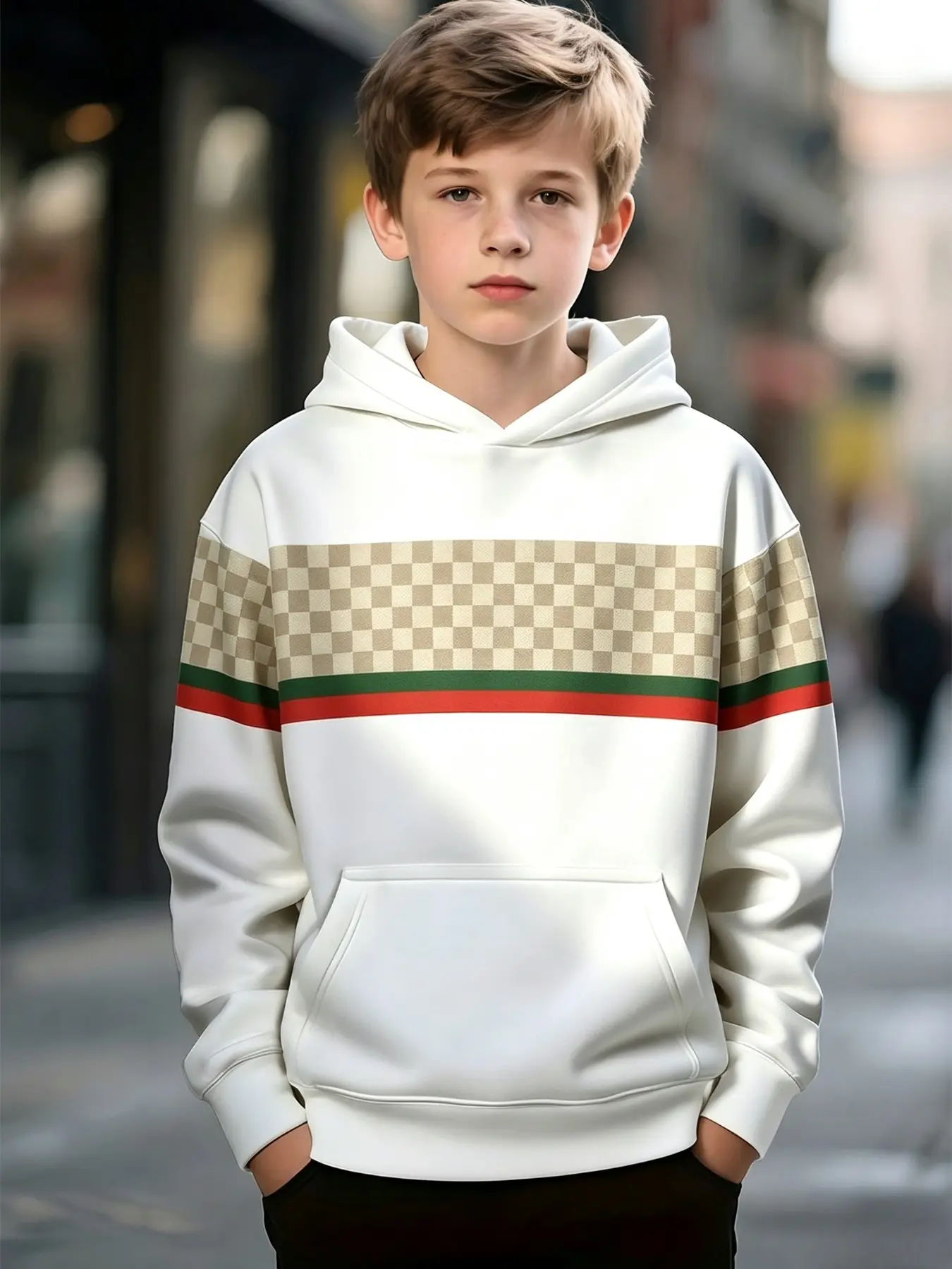 Boys' Patchwork Plaid Hoodie, Casual Fall & Winter Streetwear, Loose-Fitting Sweatshirt, Random Print, Comfortable and Stylish